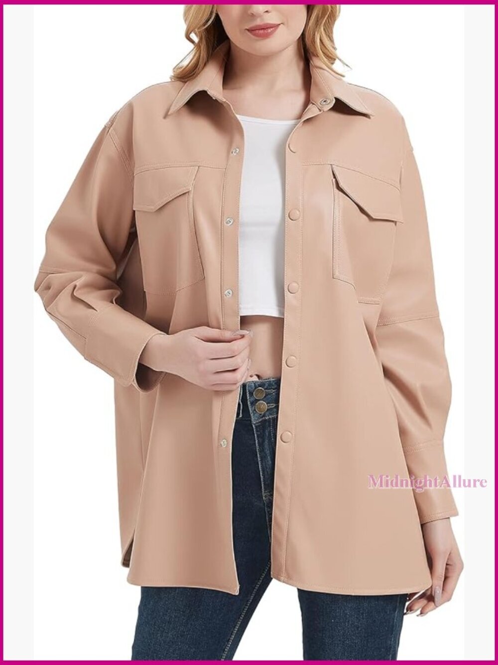 Faux Leather Shacket Jacket Loose Fit Button Down Long Sleeve Casual